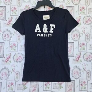 Abercrombie & Fitch A&F Varsity Blue White Graphic Logo T-Shirt Tee Top Girls L